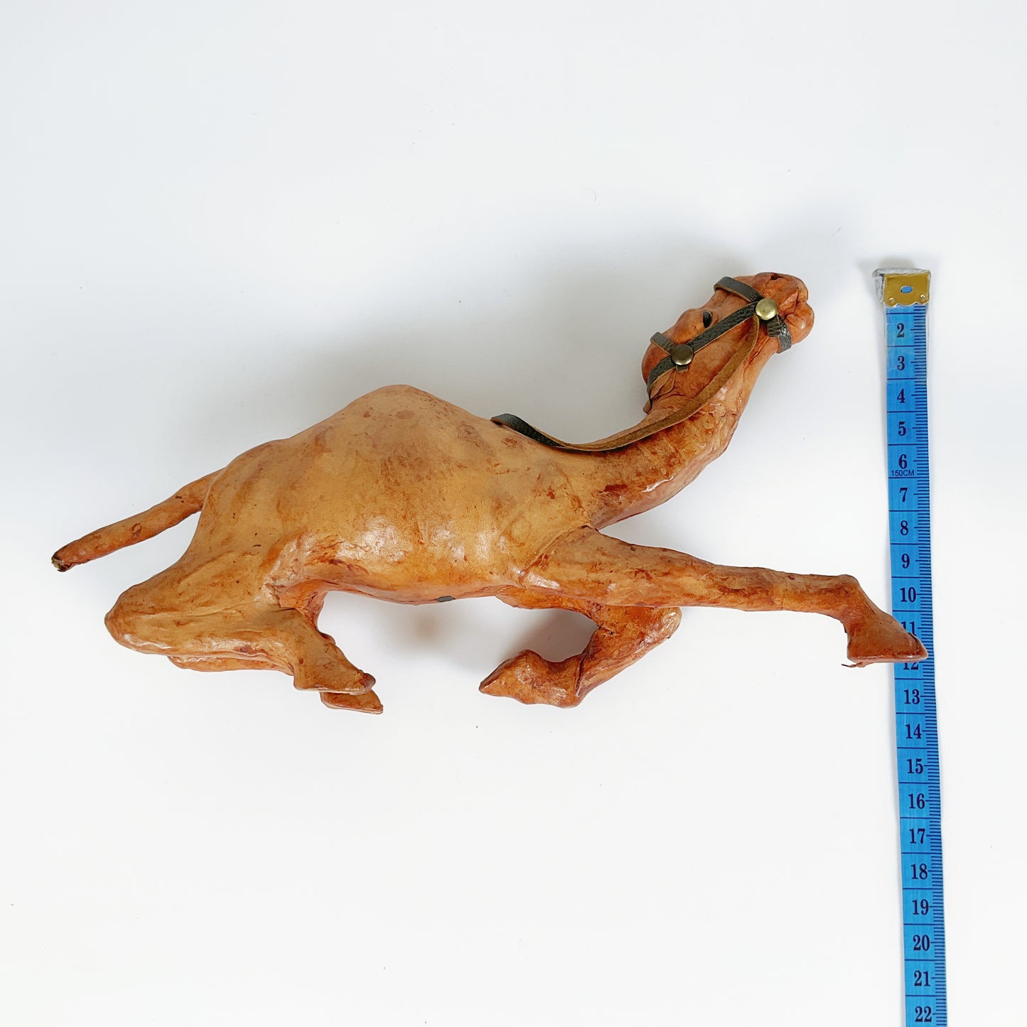 Vintage 1960's Leather Wrapped Crouching Camel Figure - Glass Eyes - Small