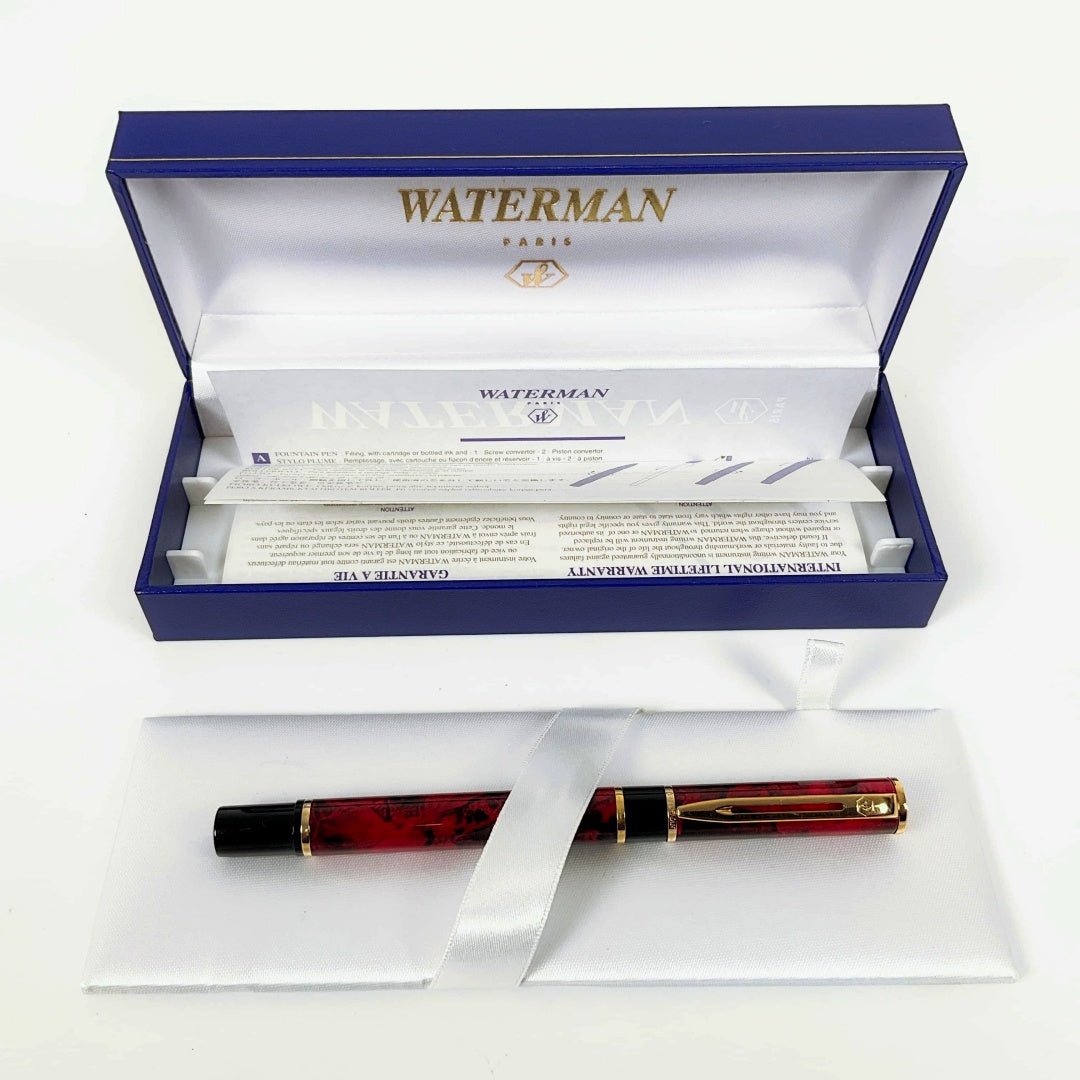 Waterman Laureat Fountain Pen Marble Red Medium Pt In Box