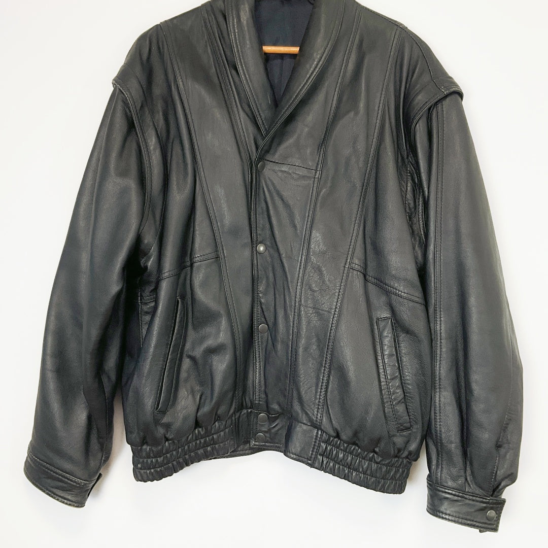 Men's Black Leather Jacket with Detachable Sleeves