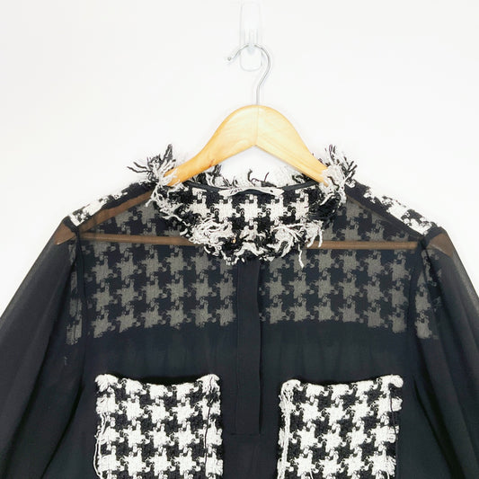 ZARA Black Sheer Blouse with Houndstooth Trim β Size L