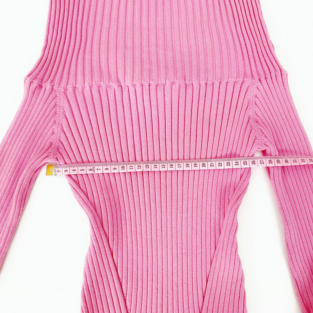DECJUBA - Pink Ribbed Off-the-Shoulder Knit Top