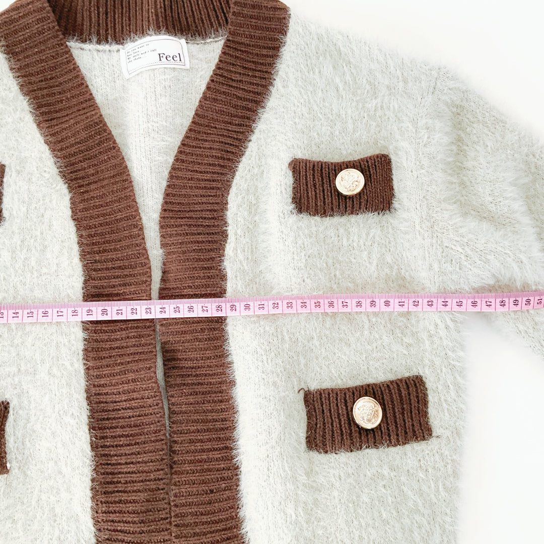 Feel - Knit Cardigan - Grey & Brown with Gold Buttons