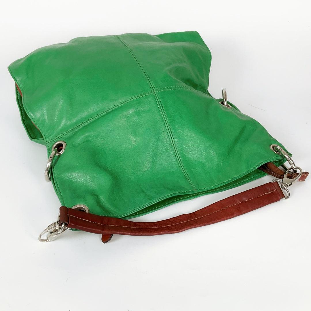 Lavorazione Artigianale - Italian Leather Green Tote Shoulder Bag – Brown Strap & Accents