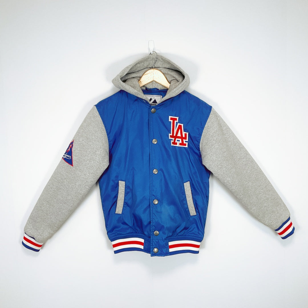 Majestic Athletic LAロゴ Dodgers Majestic Athletic - LA Dodgers Varsity Hooded Jacket – SPCA Op Shops