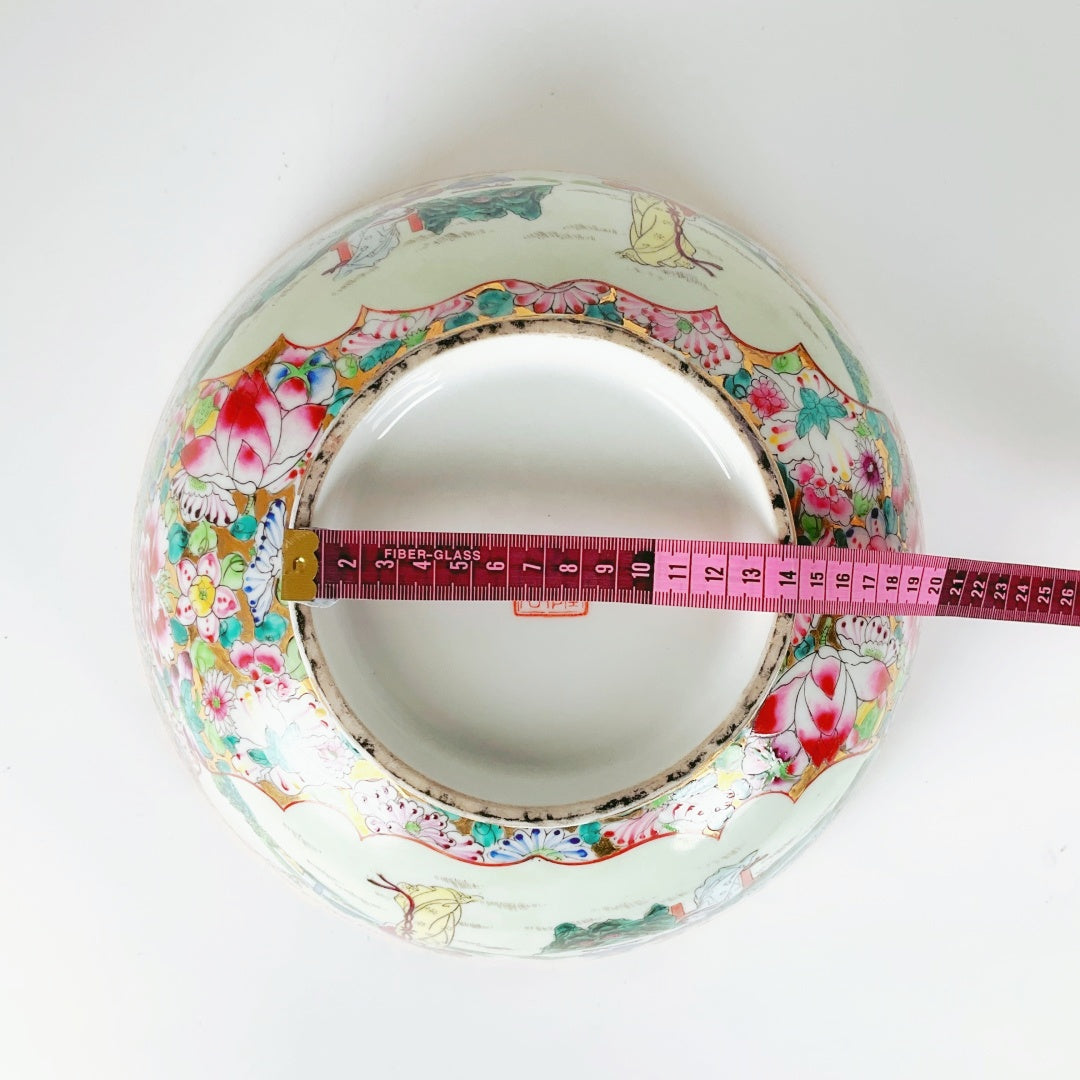 Large Chinese Famille Rose Porcelain Bowl with Qianlong Mark & Wooden Stand