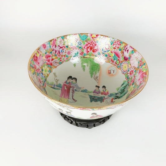 Large Chinese Famille Rose Porcelain Bowl with Qianlong Mark & Wooden Stand
