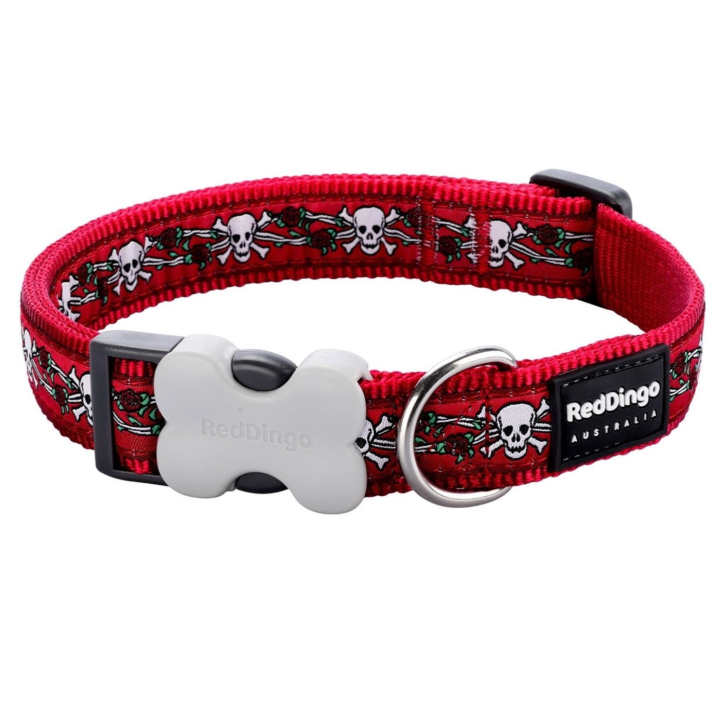 Red Dingo Dog Collar Skulls & Roses Medium