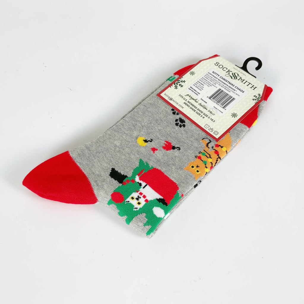 Sock Smith - Kitty Christmas Chaos - Light Gray Heath