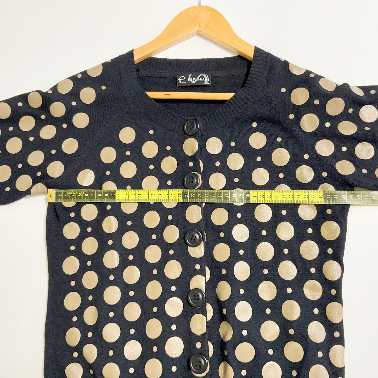 Esplanade - Black Short-sleeved Knitted Top with Golden Polka Dot Pattern