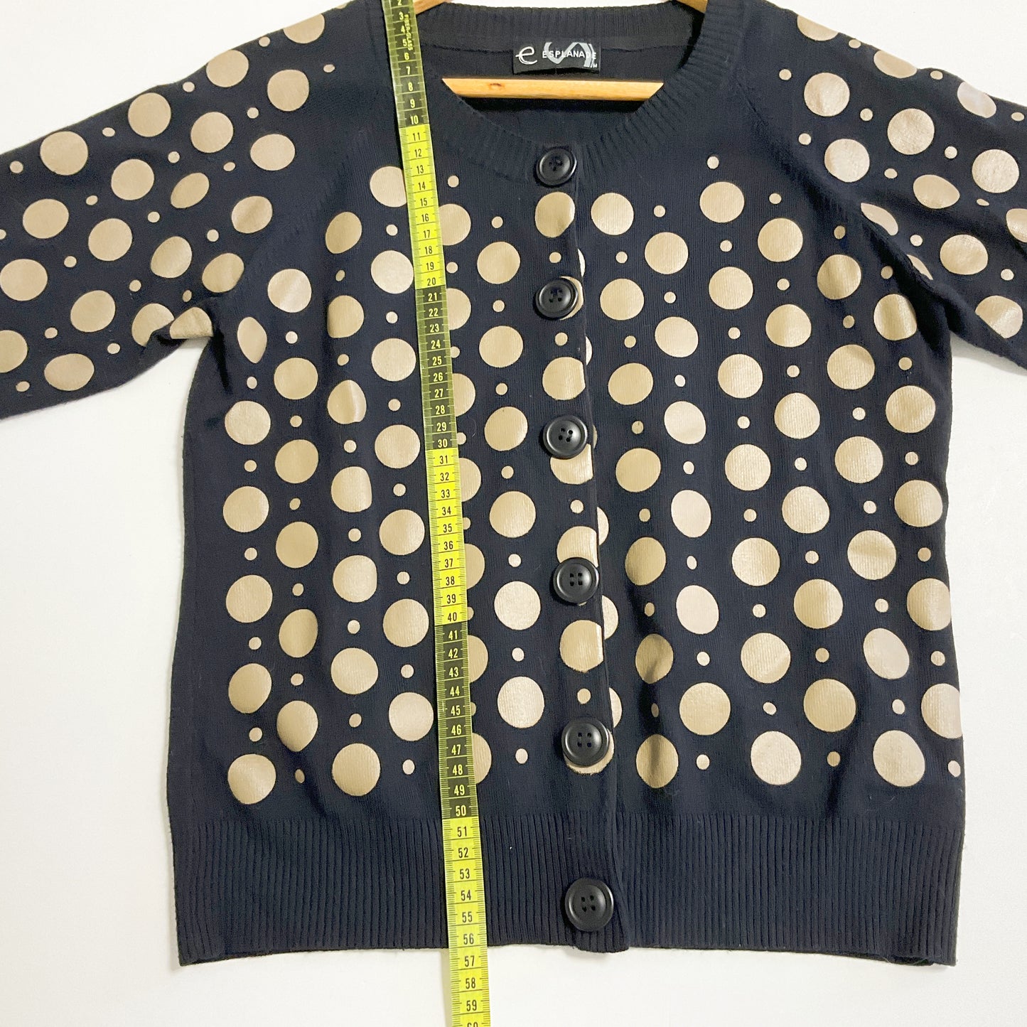 Esplanade - Black Short-sleeved Knitted Top with Golden Polka Dot Pattern