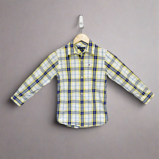 Tommy Hilfiger - Boys Yellow and Blue Plaid Button Down Pocket Shirt