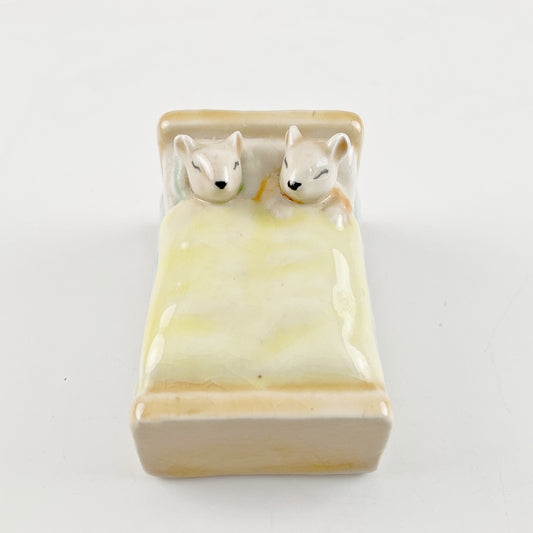 Vintage Glazed Ceramic Sleeping Mice In Bed Figurine