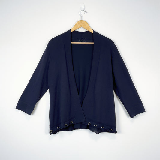 MAGGIE T - Navy Long Sleeve Cardigan with Metal Eyelets in Bottom