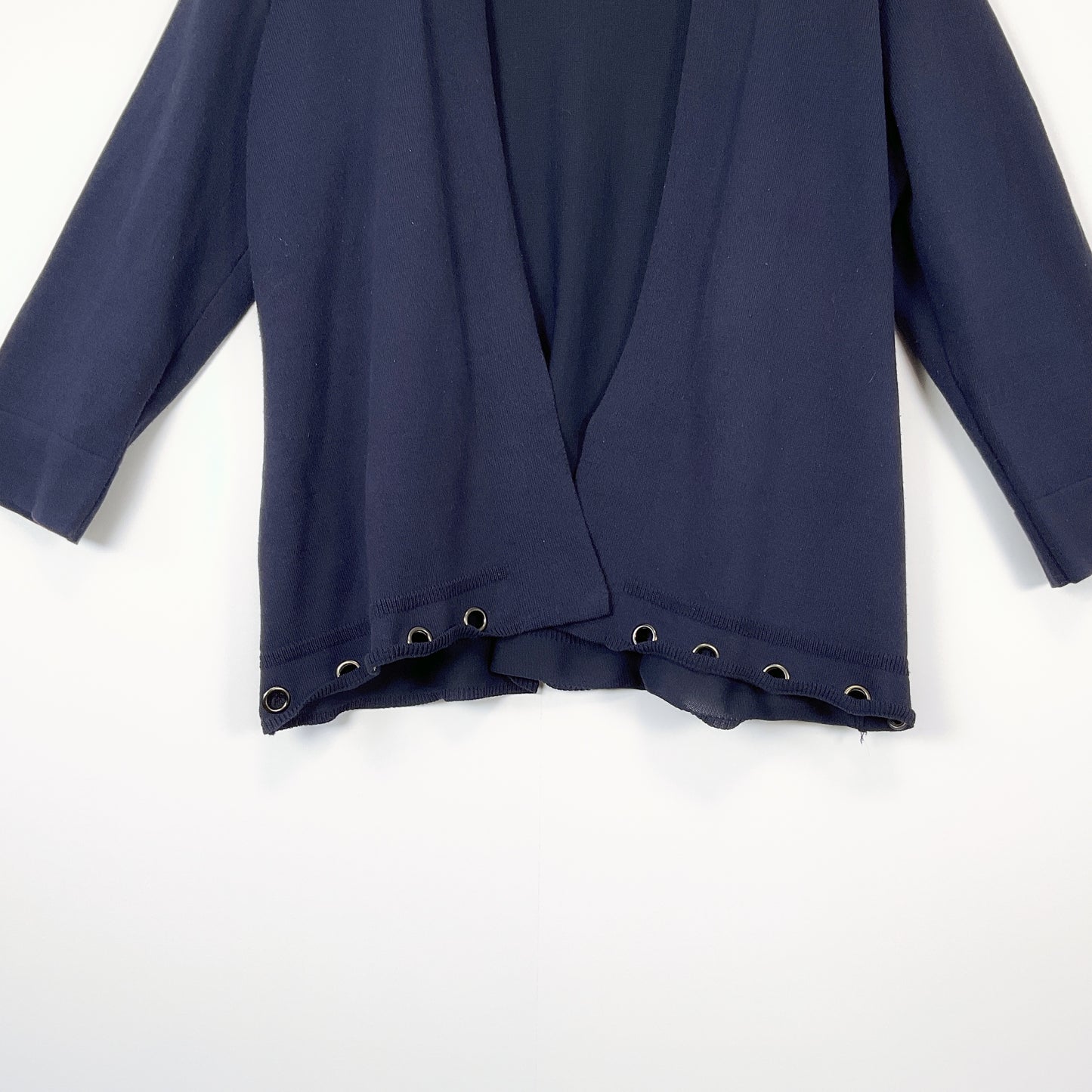 MAGGIE T - Navy Long Sleeve Cardigan with Metal Eyelets in Bottom