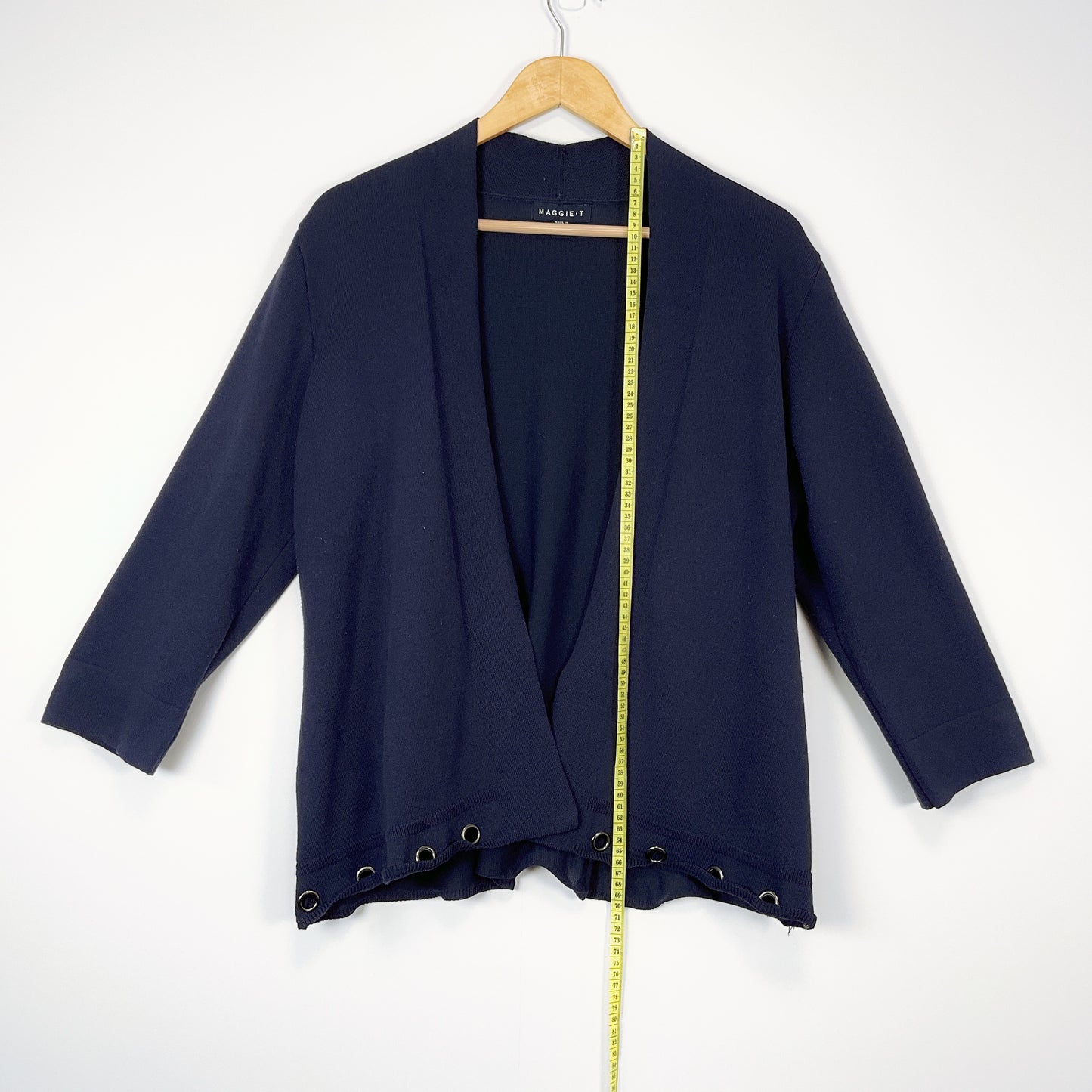 MAGGIE T - Navy Long Sleeve Cardigan with Metal Eyelets in Bottom