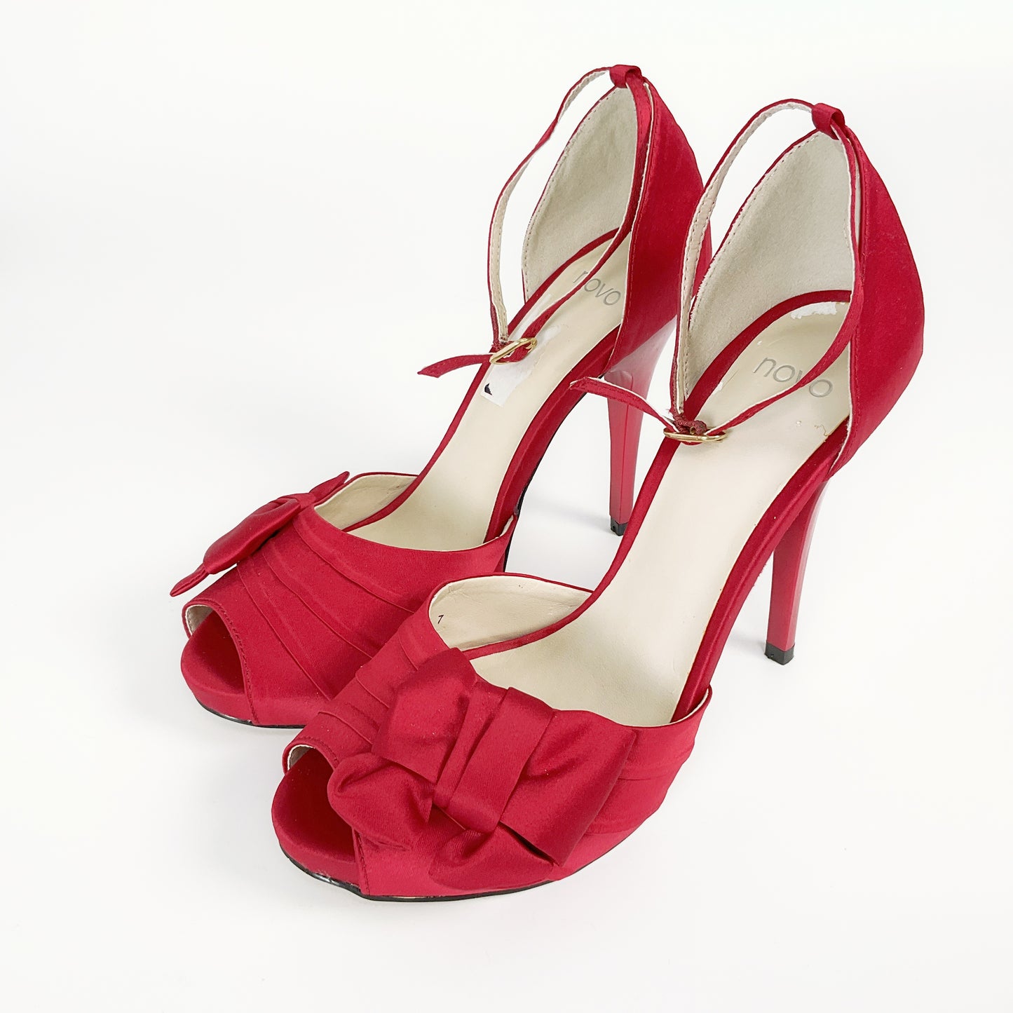 Novo - Satin-like Fabric Red Open Toed Stilettos with Bow