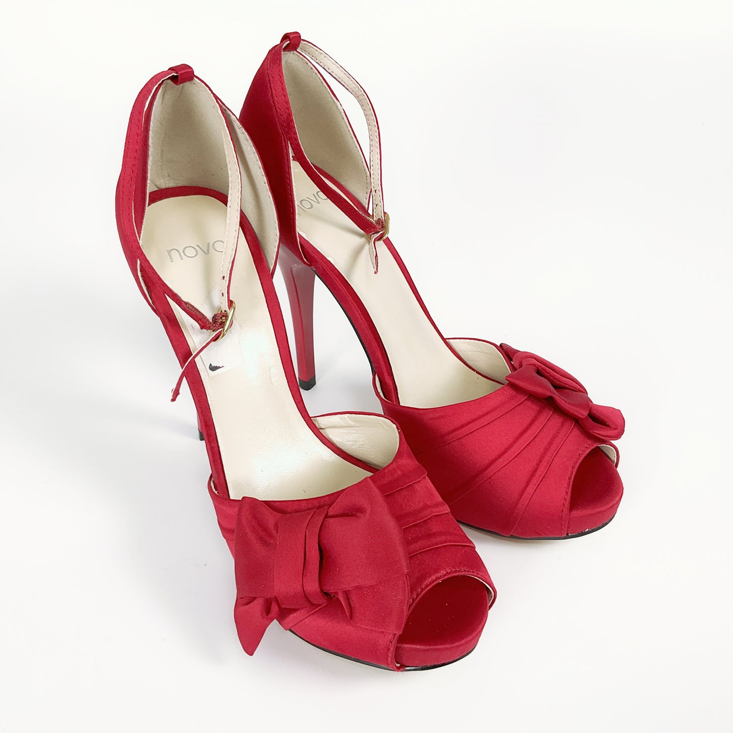 Novo - Satin-like Fabric Red Open Toed Stilettos with Bow