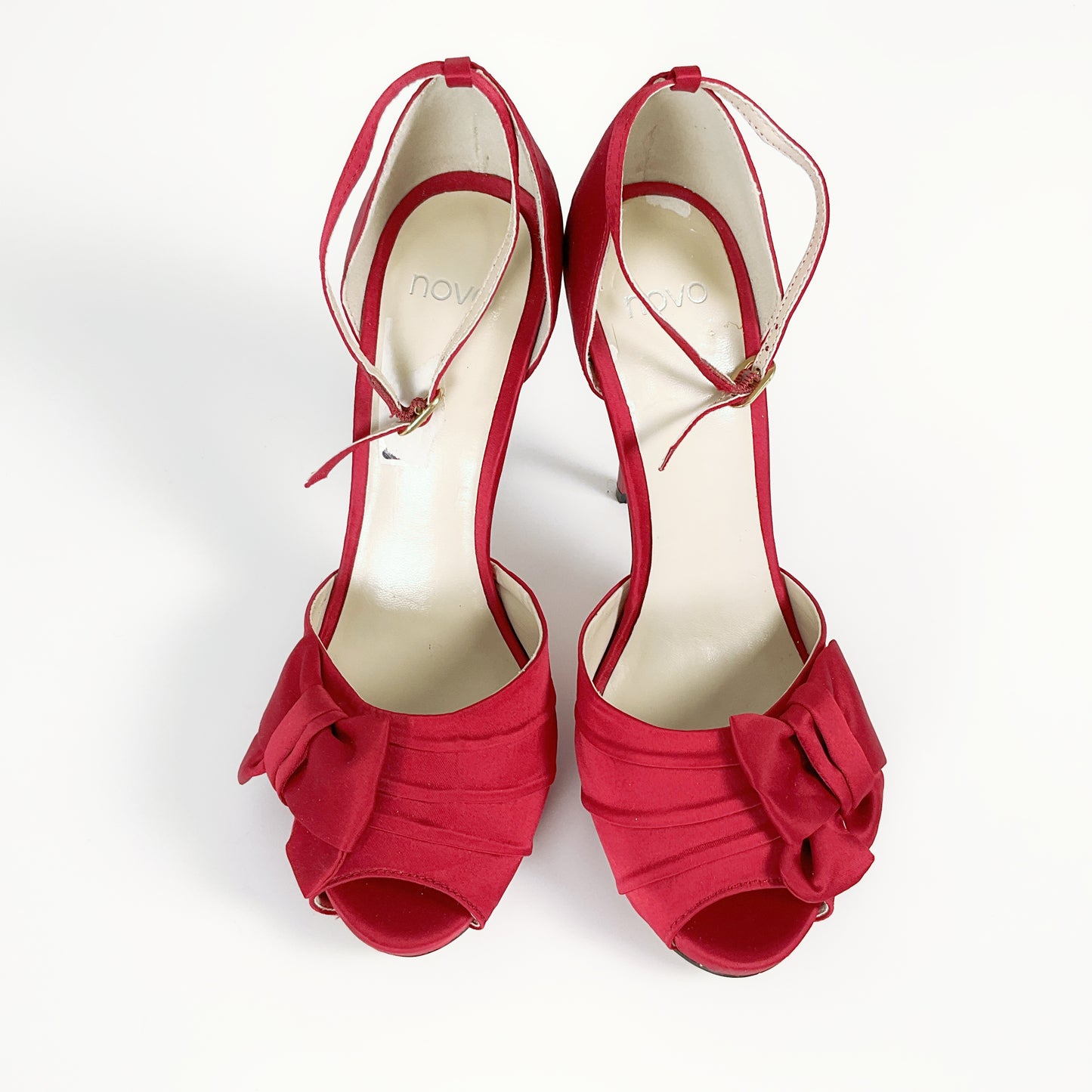 Novo - Satin-like Fabric Red Open Toed Stilettos with Bow