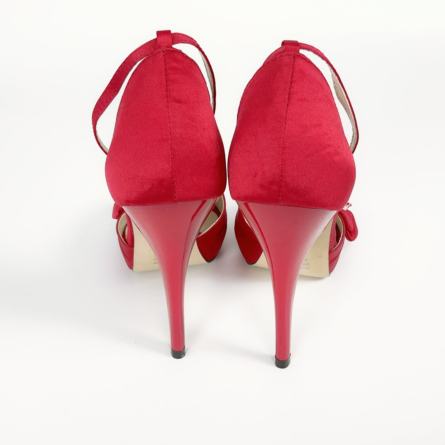 Novo - Satin-like Fabric Red Open Toed Stilettos with Bow