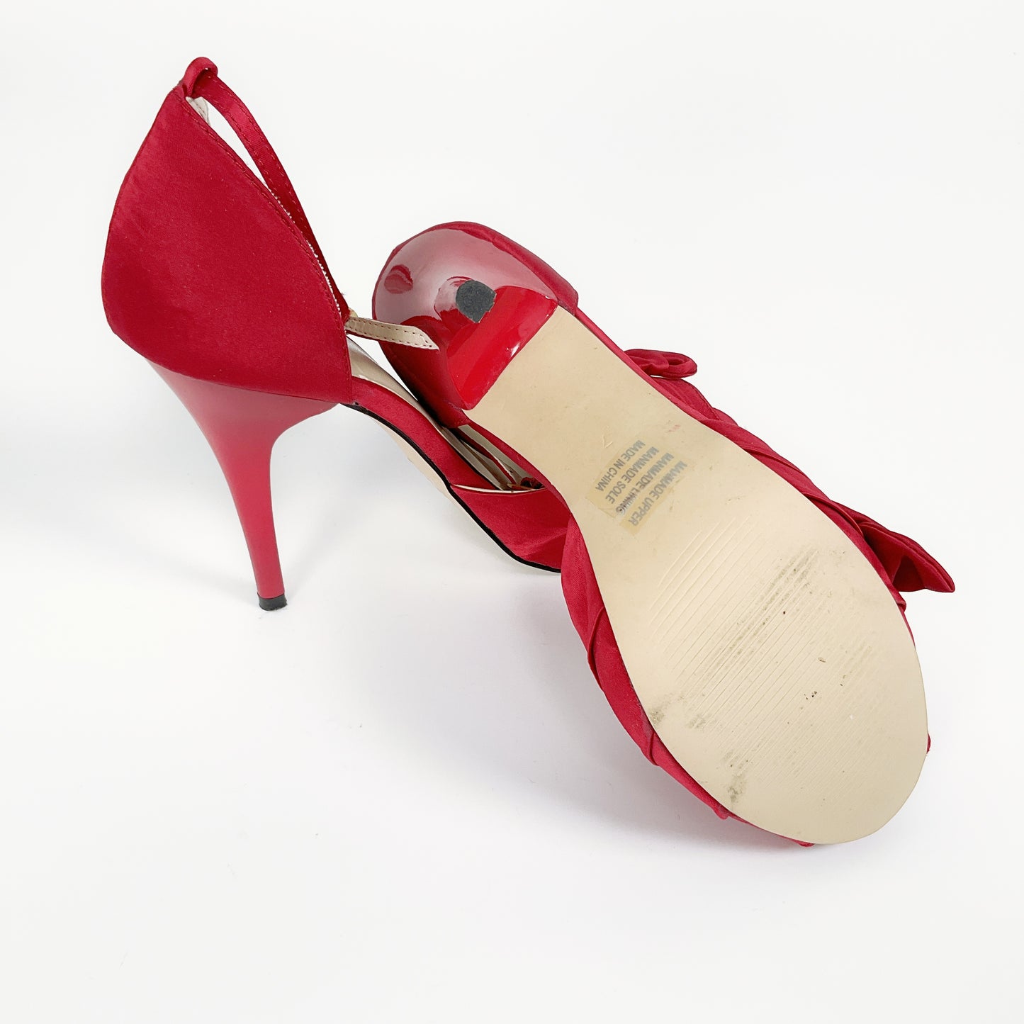 Novo - Satin-like Fabric Red Open Toed Stilettos with Bow