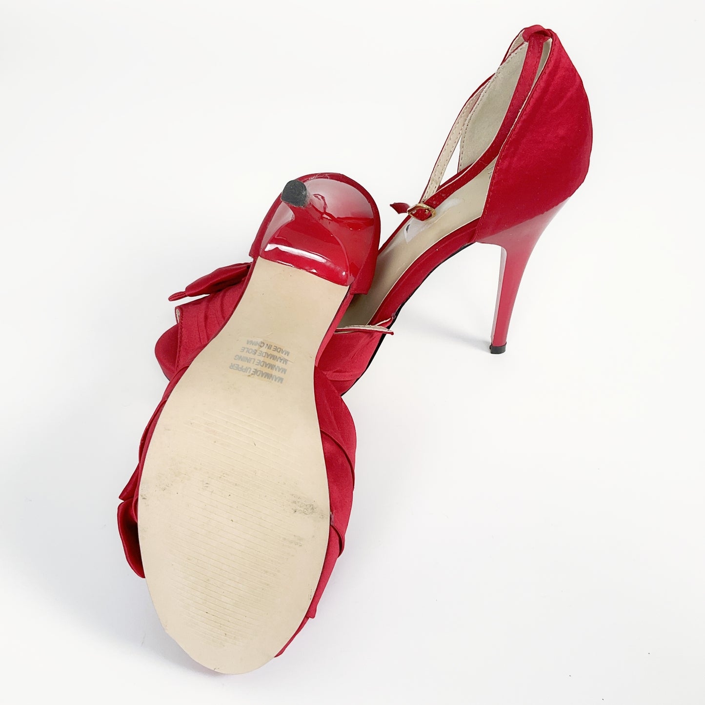 Novo - Satin-like Fabric Red Open Toed Stilettos with Bow