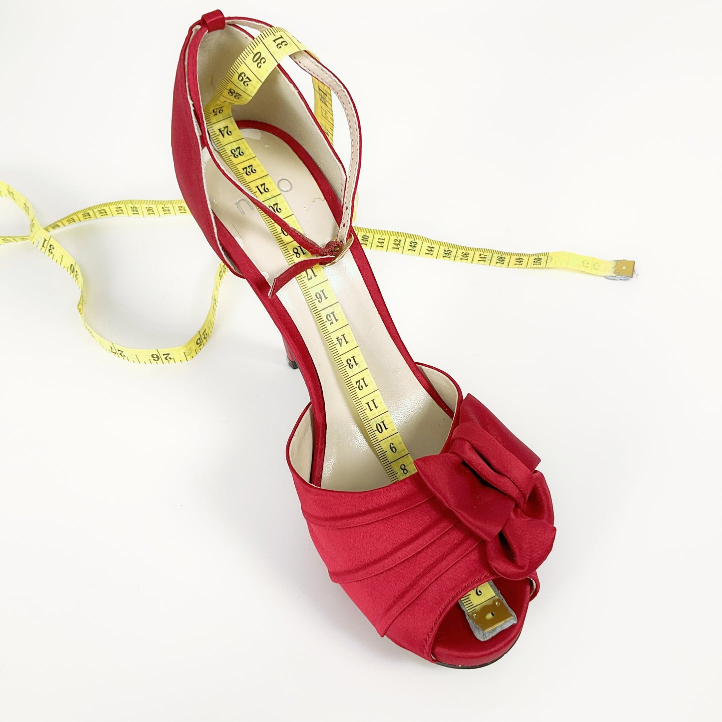 Novo - Satin-like Fabric Red Open Toed Stilettos with Bow