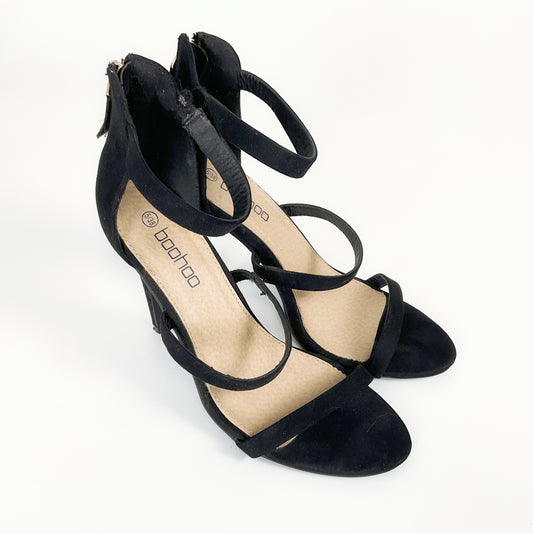 Boohoo - Black Suede-like Strappy 4 inch Stilettos with Zip Heel