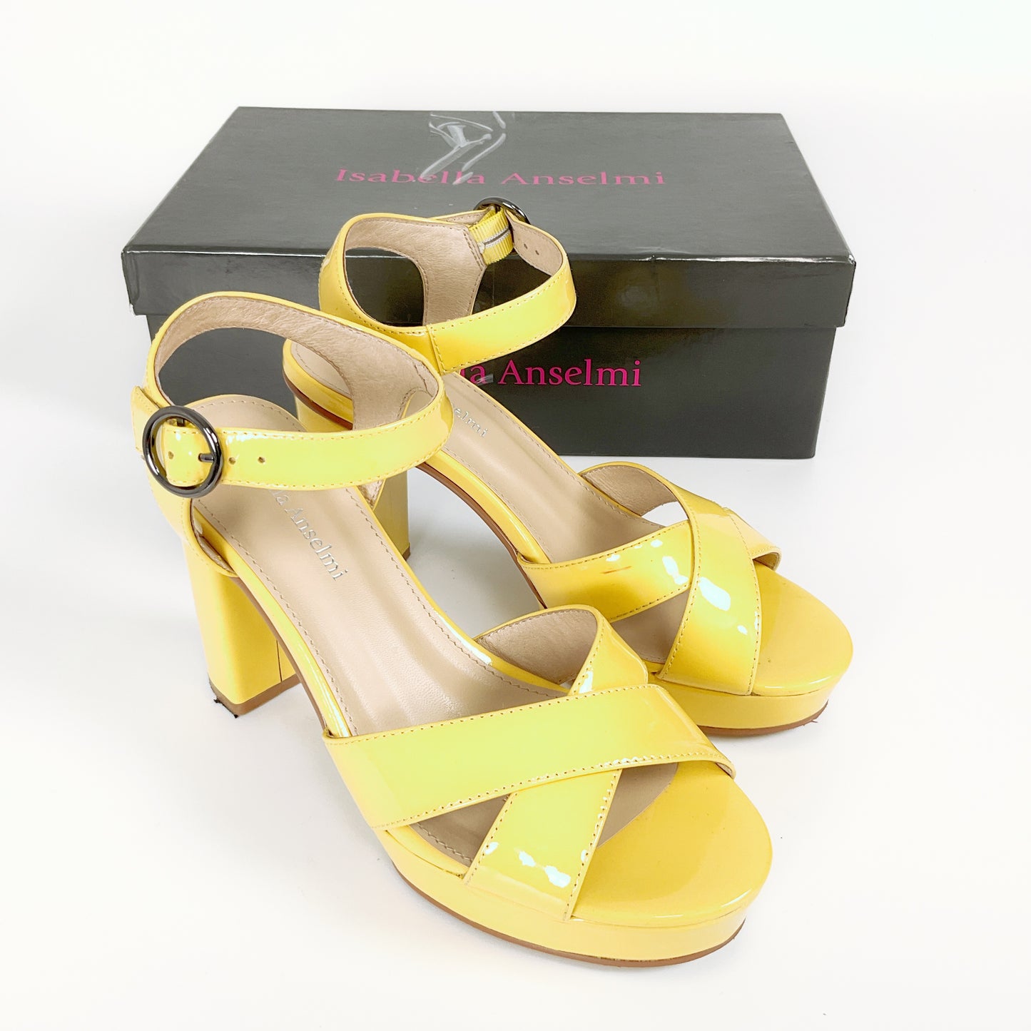 Isabella Anselmi - Patent Yellow Open Toed Block Heels