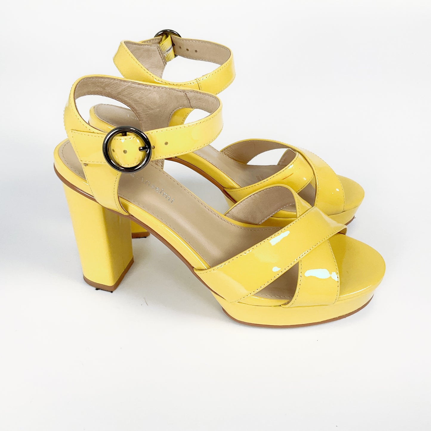 Isabella Anselmi - Patent Yellow Open Toed Block Heels