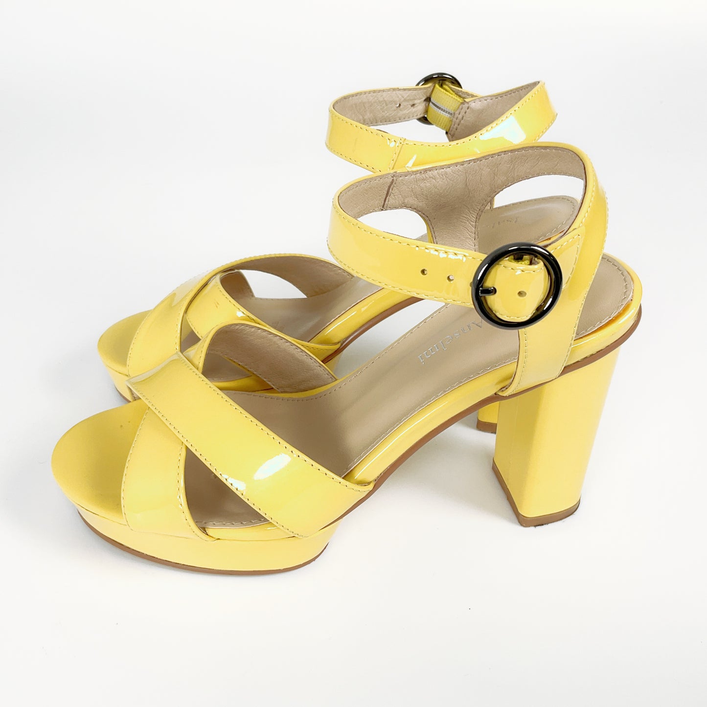 Isabella Anselmi - Patent Yellow Open Toed Block Heels