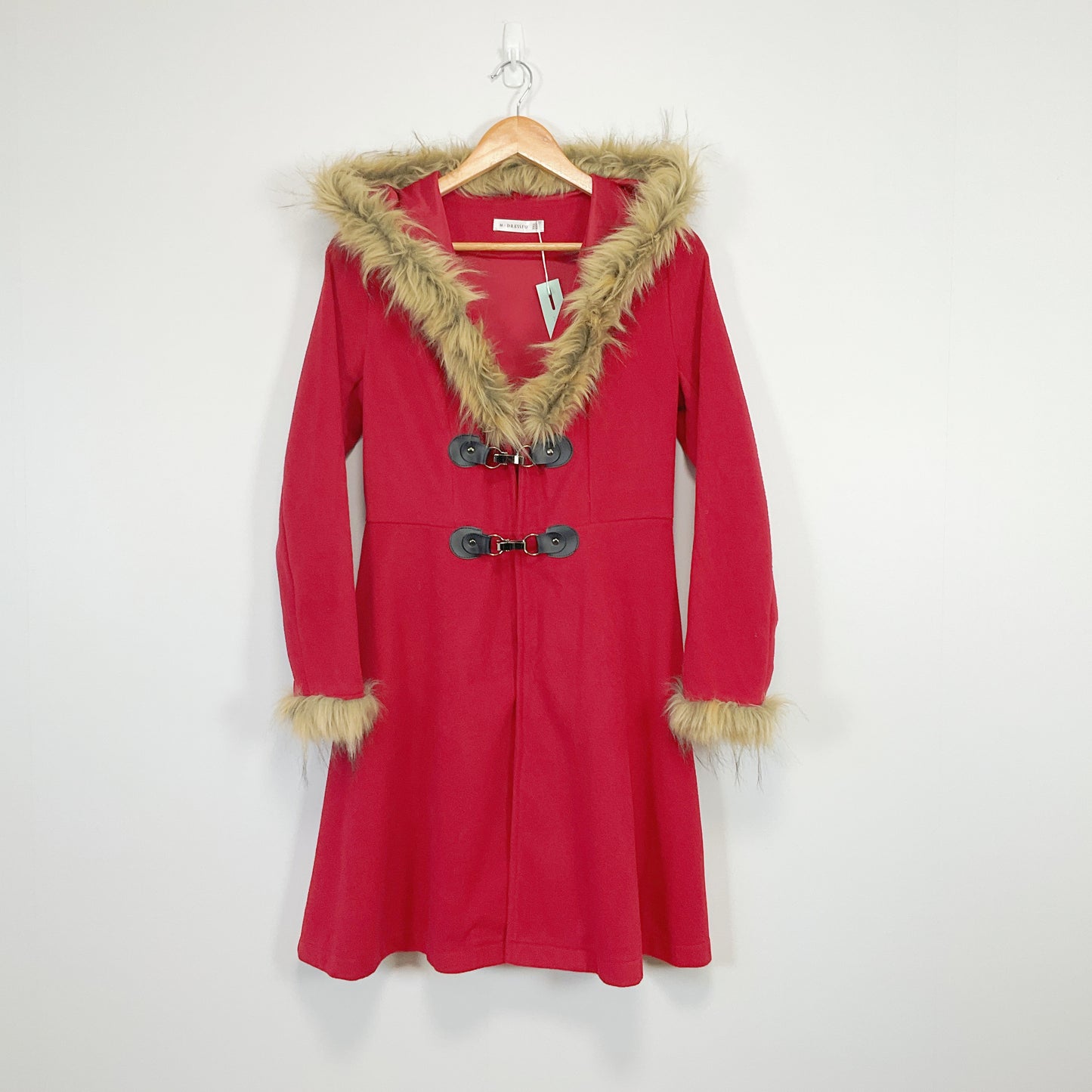 DRESSFO - Faux Fur Trim Red Coat