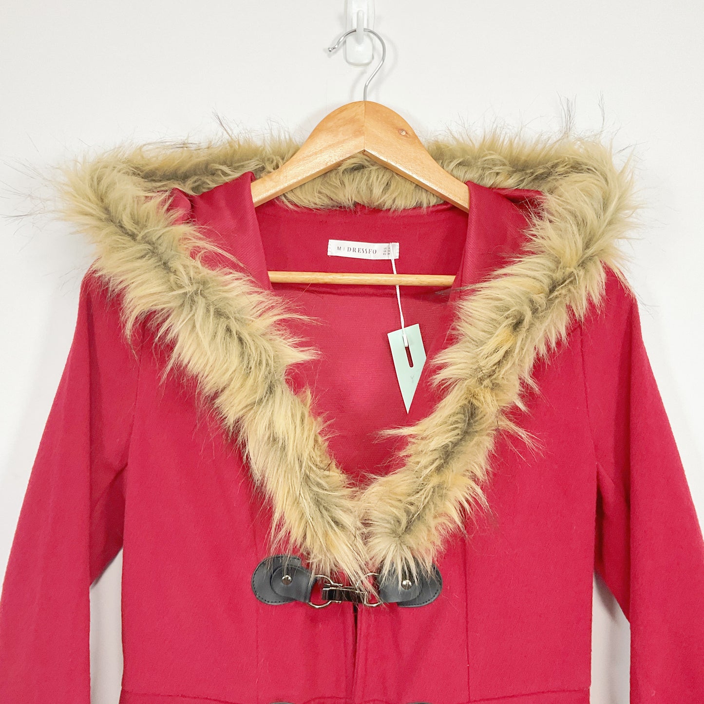 DRESSFO - Faux Fur Trim Red Coat