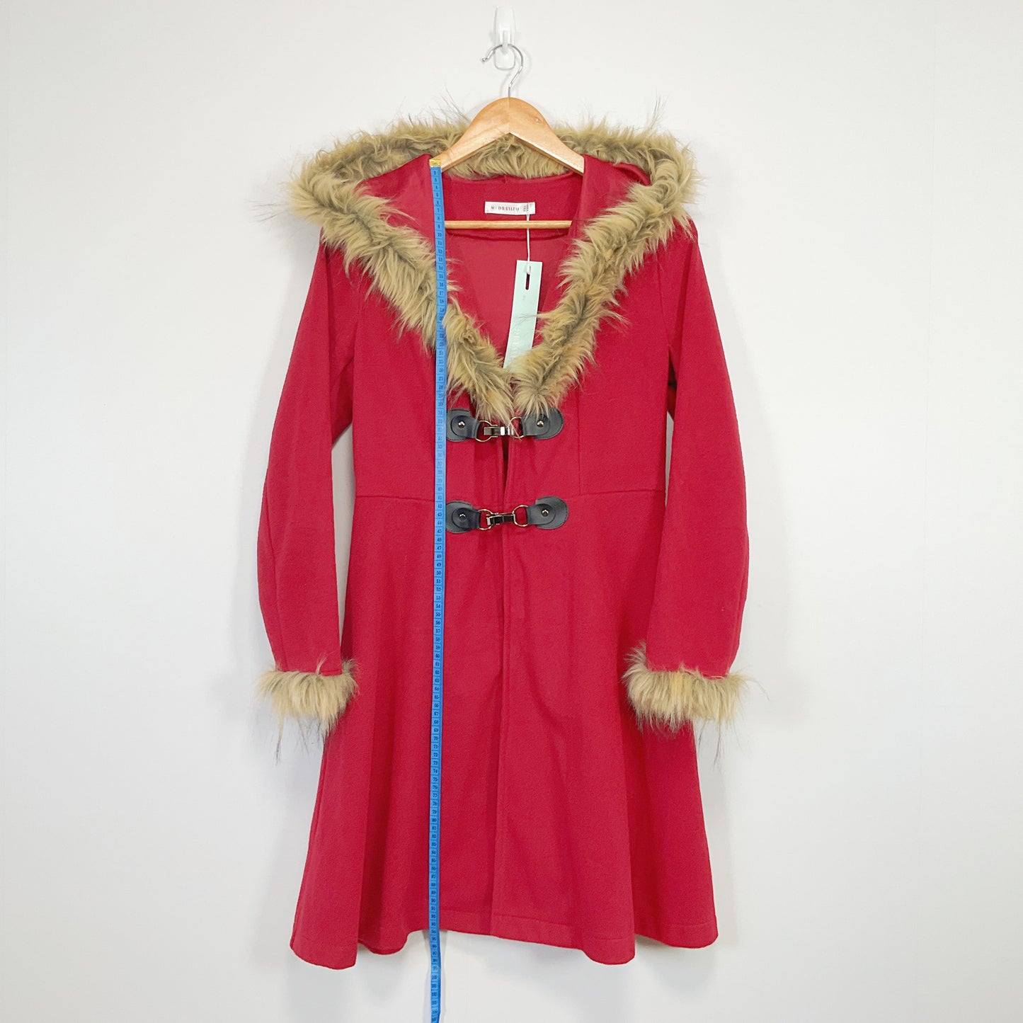 DRESSFO - Faux Fur Trim Red Coat