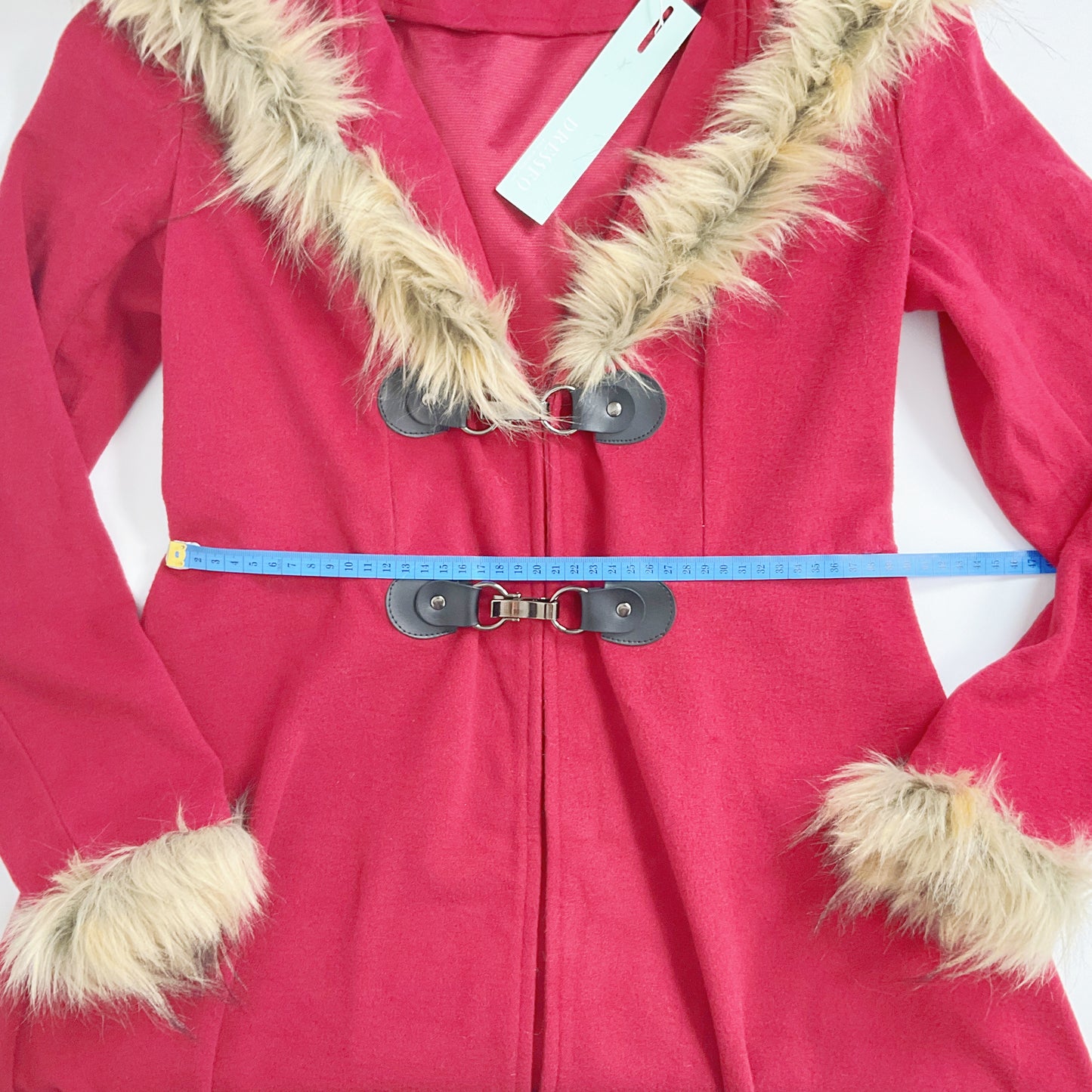 DRESSFO - Faux Fur Trim Red Coat