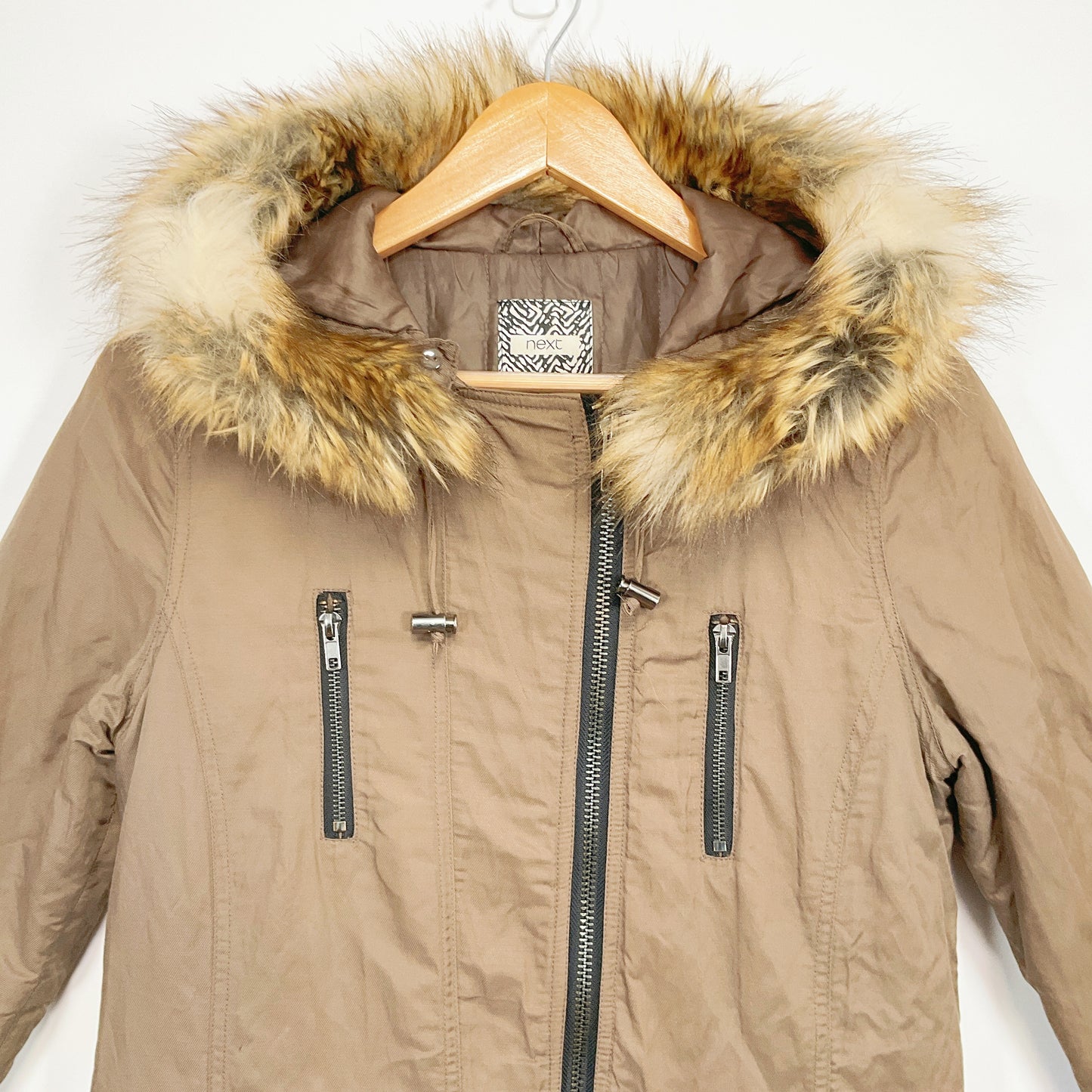 NEXT - Khaki Hooded Parka Coat With Faux Fur Trim