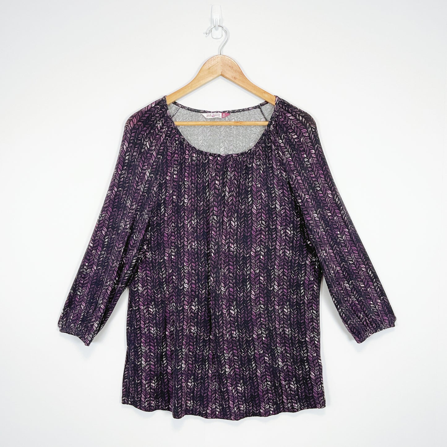 Pick a Berry - Purple Top with Leaf Print and 5/4 Sleeves