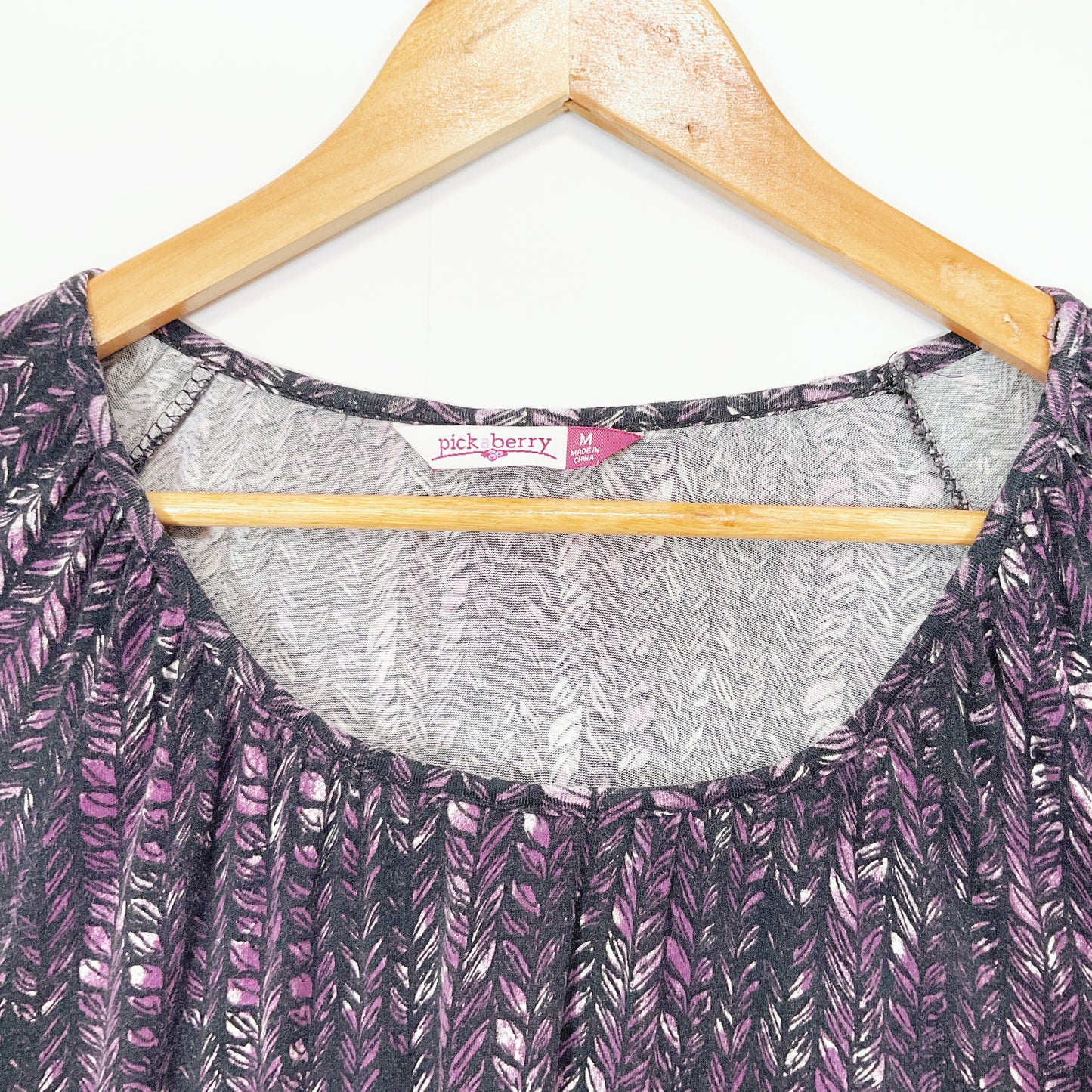 Pick a Berry - Purple Top with Leaf Print and 5/4 Sleeves