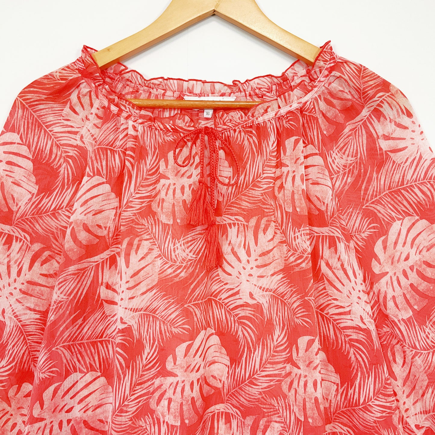 Ella J - Sheer Red Leaf Print Long Sleeve Blouse