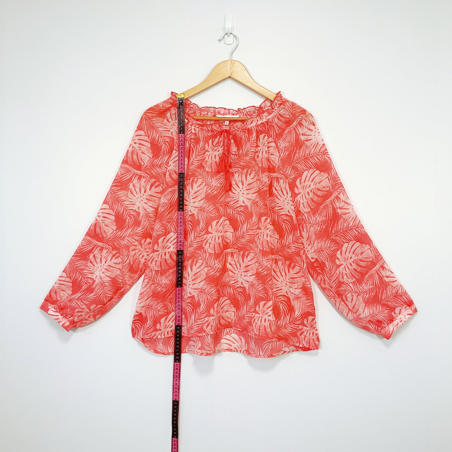 Ella J - Sheer Red Leaf Print Long Sleeve Blouse