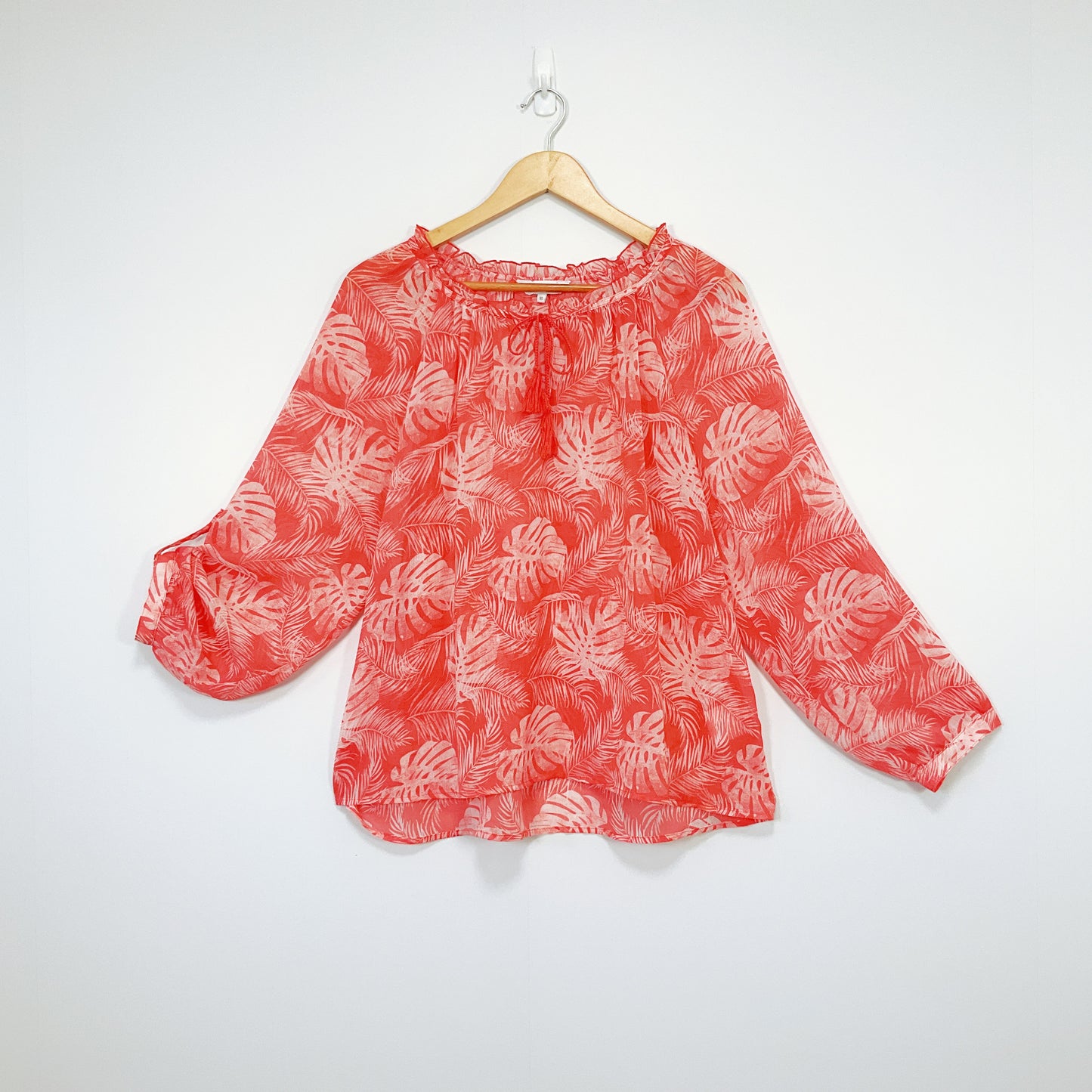 Ella J - Sheer Red Leaf Print Long Sleeve Blouse