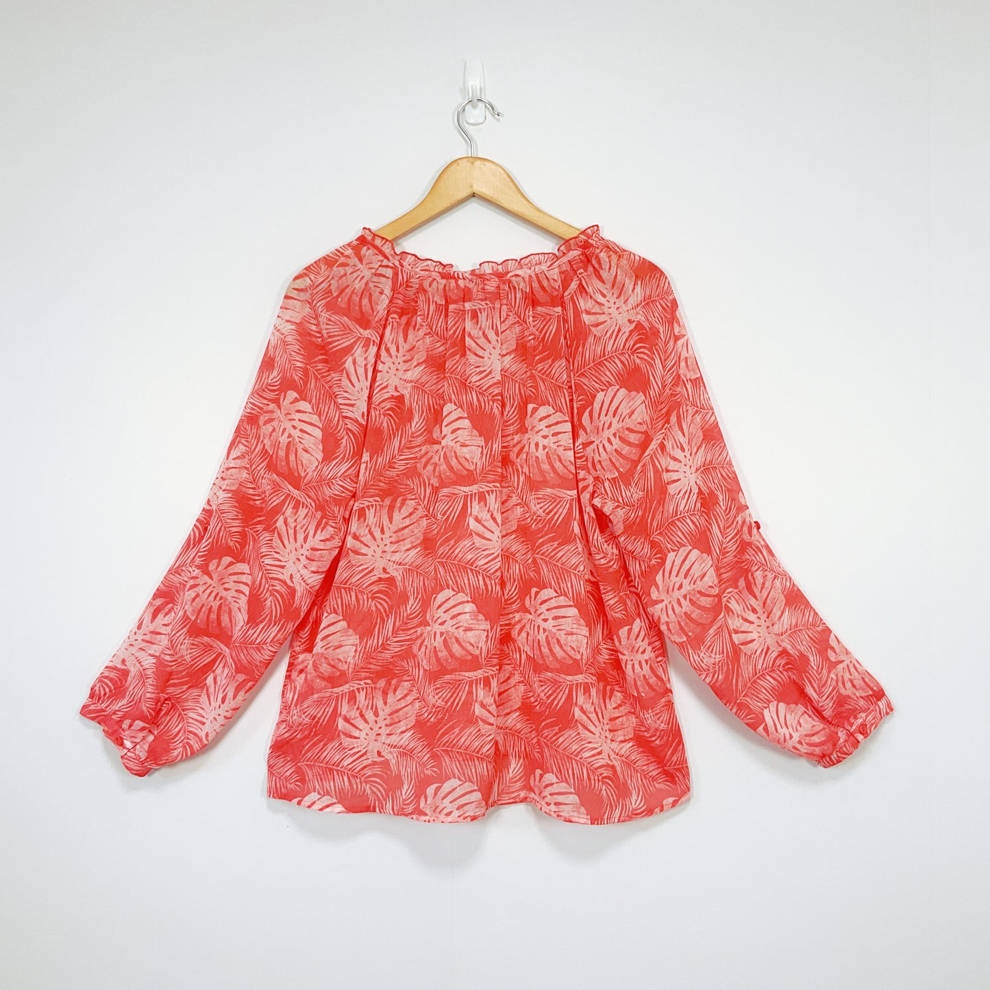 Ella J - Sheer Red Leaf Print Long Sleeve Blouse