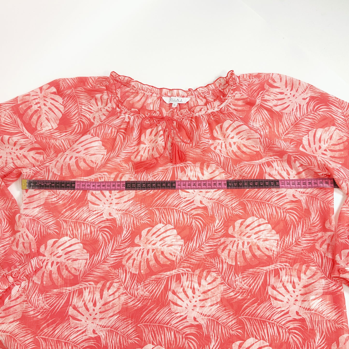 Ella J - Sheer Red Leaf Print Long Sleeve Blouse