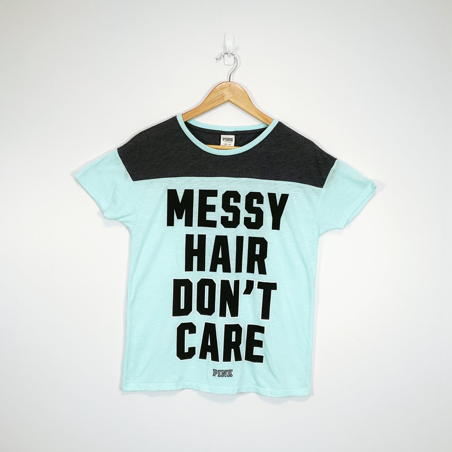 Victoria’s Secret PINK -Blue Black Messy Hair Don't Care-Neck Tee