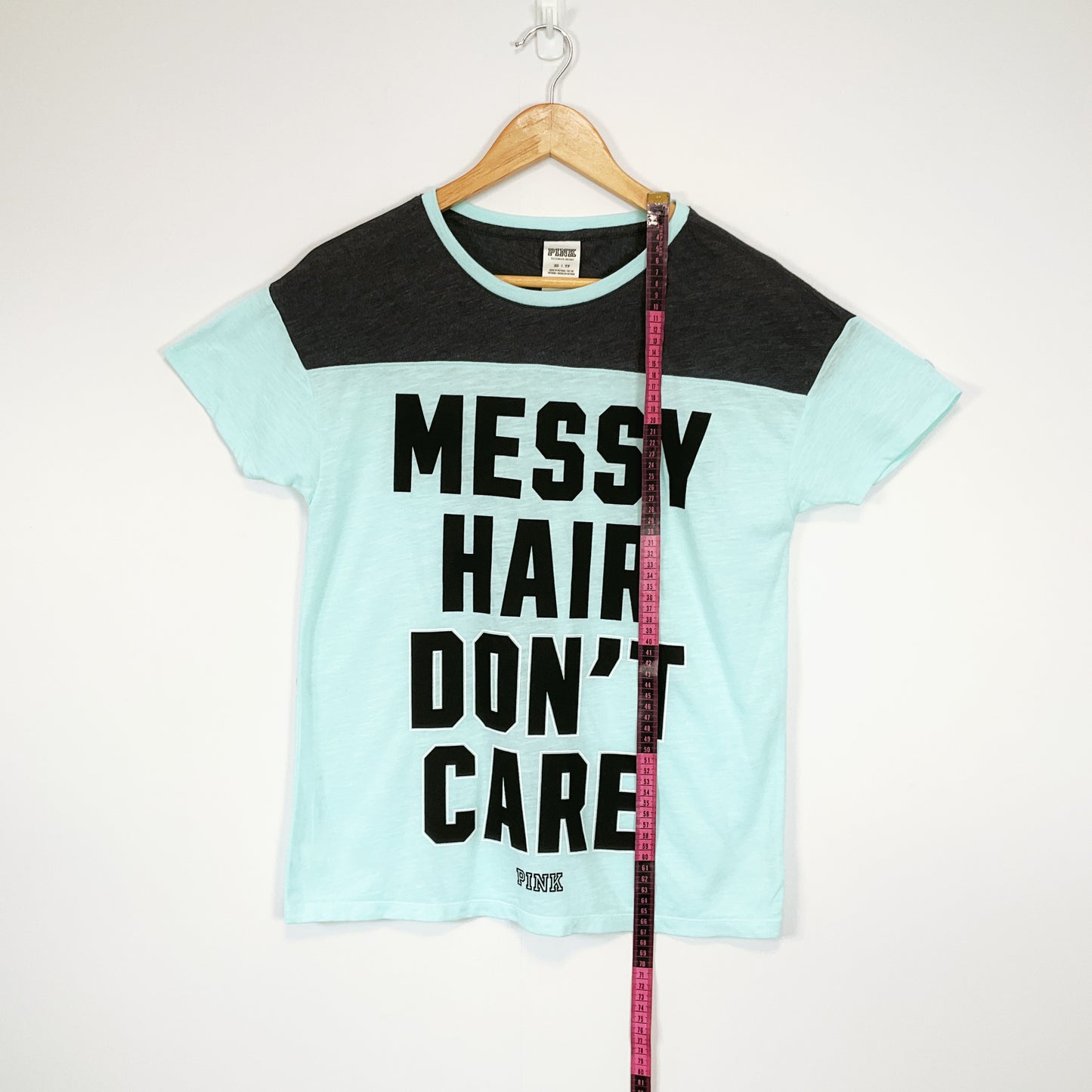 Victoria’s Secret PINK -Blue Black Messy Hair Don't Care-Neck Tee