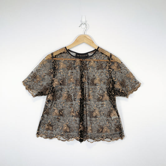 Liz Mitchell-Gold Floral & Black Mesh Blouse