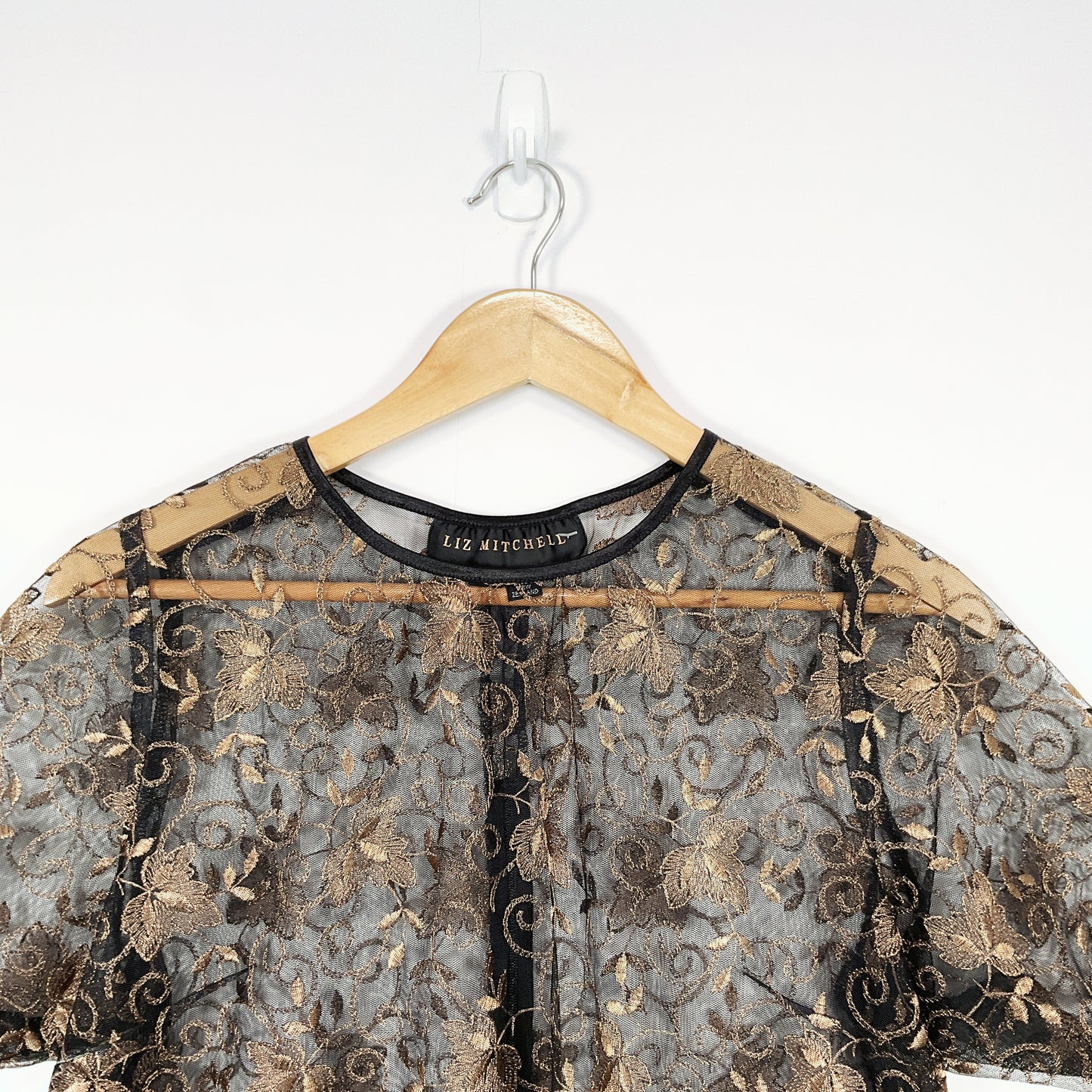 Liz Mitchell-Gold Floral & Black Mesh Blouse