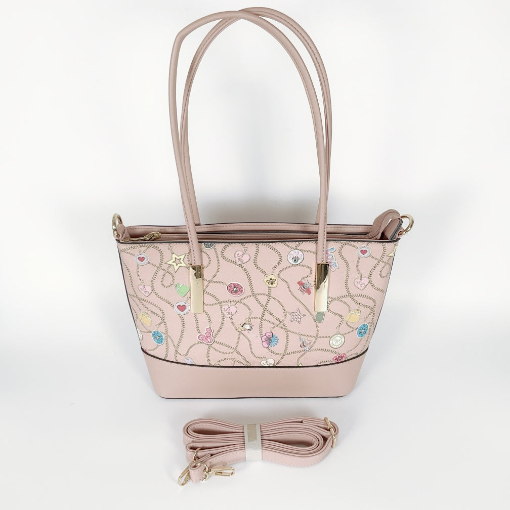 Pastel Pink Tote with All‑over Charm Chain Print & Detachable Strap
