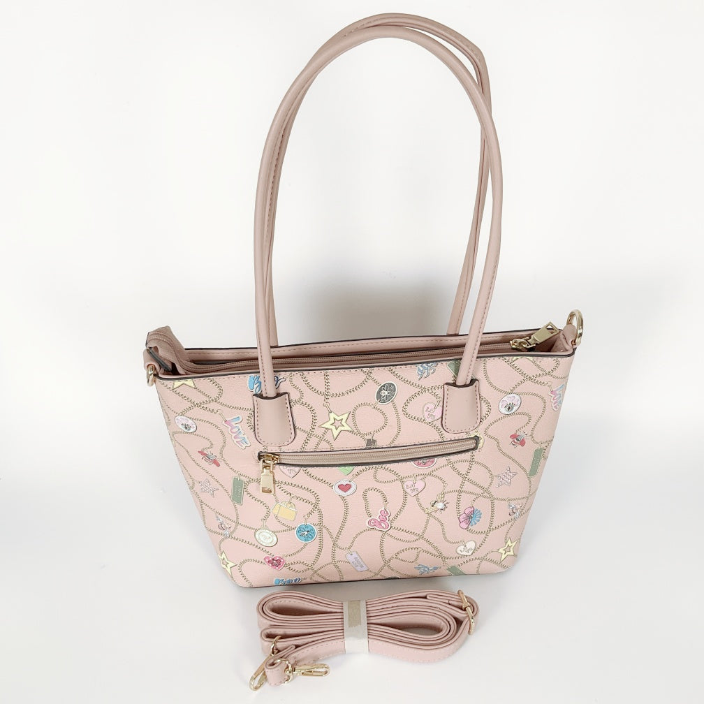 Pastel Pink Tote with All‑over Charm Chain Print & Detachable Strap