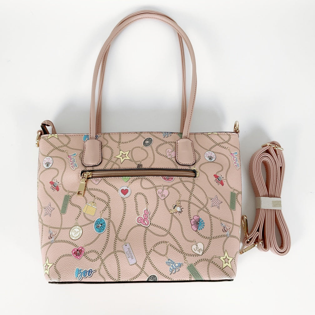 Pastel Pink Tote with All‑over Charm Chain Print & Detachable Strap
