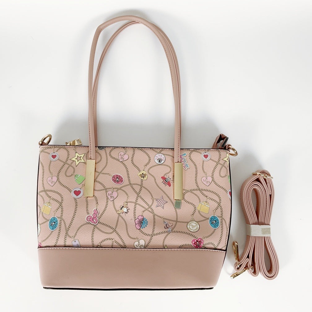 Pastel Pink Tote with All‑over Charm Chain Print & Detachable Strap